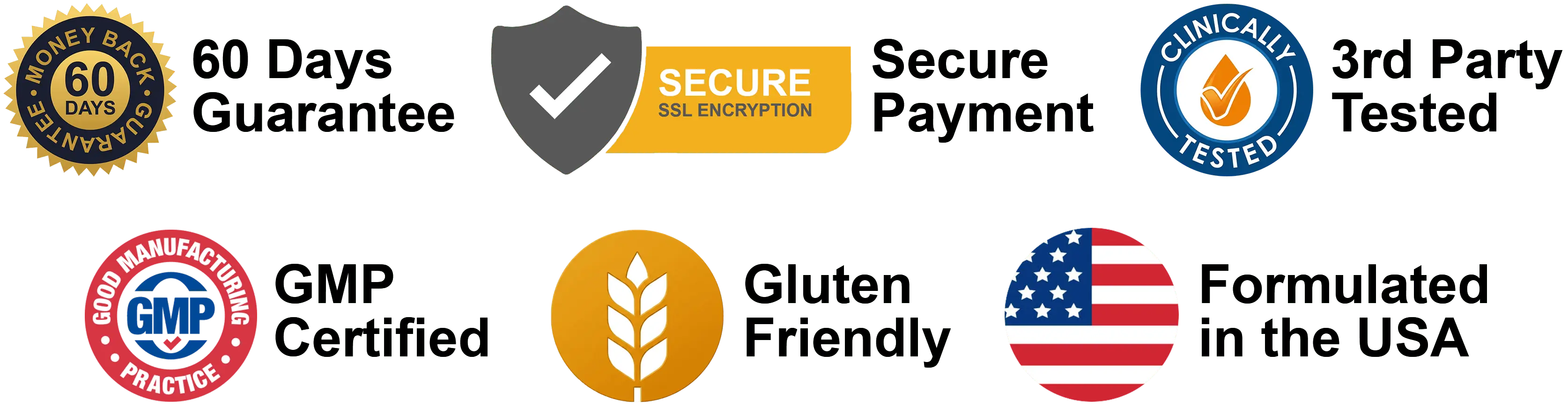 Trust badges: 60 day guarantee, secure SSL payment, third party tested, GMP certified, gluten friendly, formulated in the USA