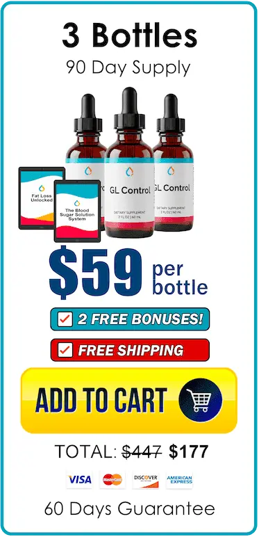 GL Control 3 bottles 90 day supply at $59 per bottle with 2 free bonuses and free shipping