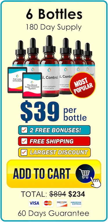 GL Control 6 bottles 180 day supply at $39 per bottle - MOST POPULAR with 2 free bonuses, free shipping, and largest discount